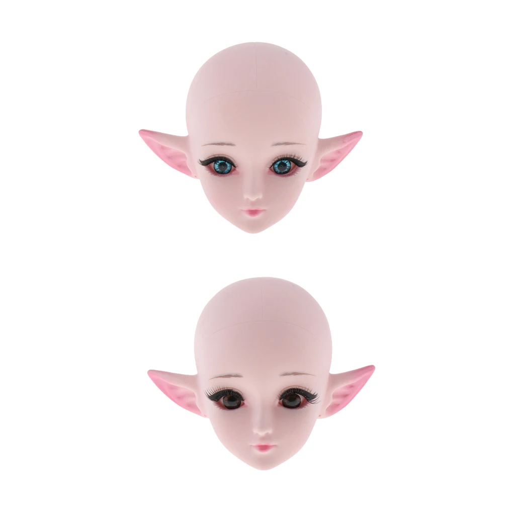 2pcs 1/3 Ball Jointed Girl Dolls Head with Elf Ear and Makeup for 60cm BJD Dolls Accessories