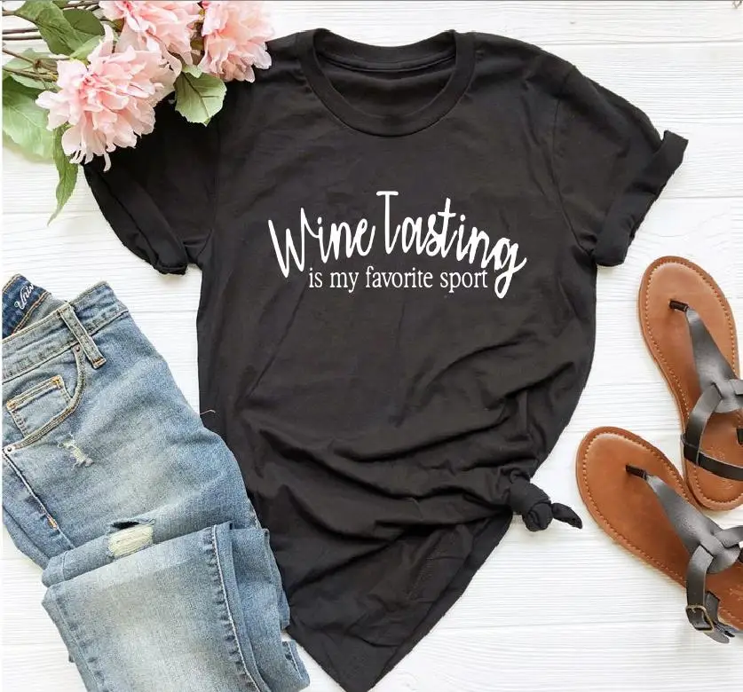

Wine Tasting is My Favorite Sport T Shirt Winery Tour Lover Women Top Tee Fashion Casual Short Sleeve Tshirt Plus Size Drop Ship