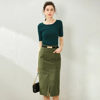 

Women Clothing 2020 New Two Piece Set Solid Color Round Neck Short Sleeve Elastic Short Knit Top + Split Skirt Suits Female
