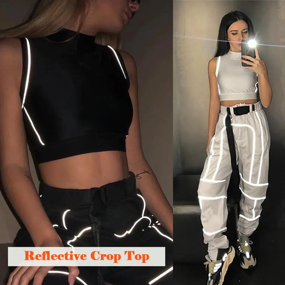 Summer Fashion Women's Reflective Sleeveless Tank Vest Casual Turtleneck Crop Tops Shirt Party Club Wear