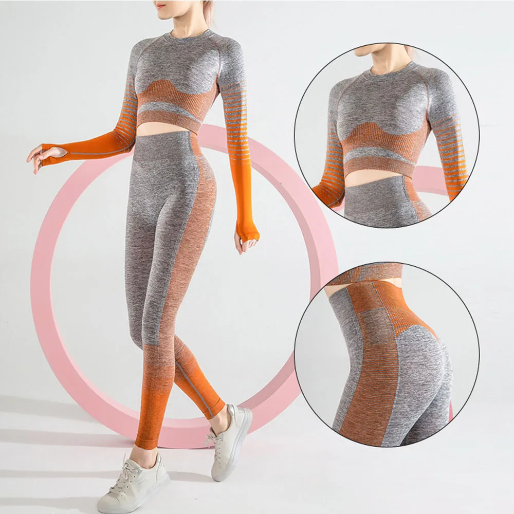 

European and American New Style Yoga Clothing Suits Women's Stretch Striped Tops Hip High Waist Sports Tights Seamless Leggings