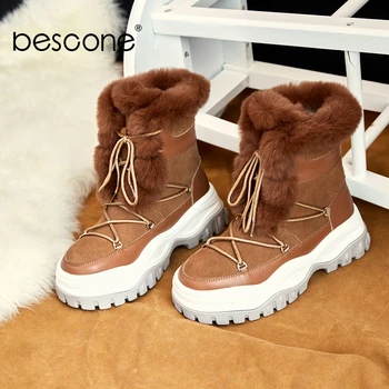 

BESCONE Fashion Women Boots Casual Lace-Up Square Heel Shoes Winter Comfortable Round Toe Handmade Med Heel Ladies Boots BO282