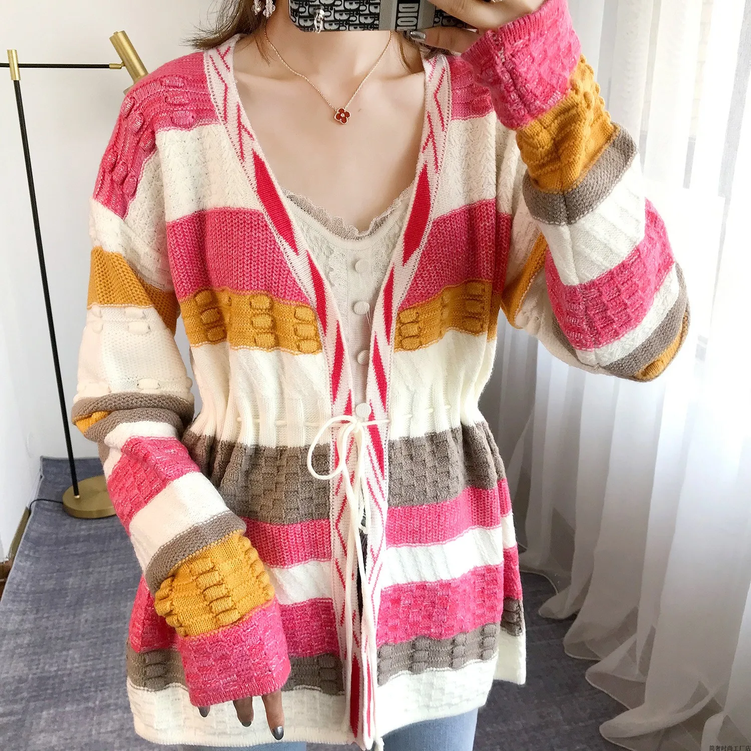 

Women Open Stitch Sweaters Coat 2019 Fall Hit Color Striped Crochet Sweater Cardigan Runway Cardigans Casual Loose Knitwear