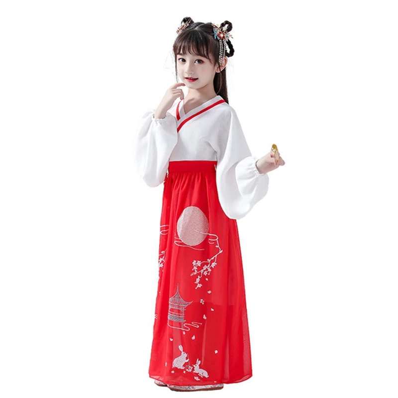 Hanfu/летнее платье с длинными рукавами для девочек; оригинальное улучшенное платье для девочек в стиле ретро и китайском стиле; осеннее платье для фотосессии в национальном стиле