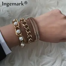 Ingemark Винтаж Браслеты Из Искусственного Жемчуга Браслеты Для женщин Свадебные 3 шт./компл. Панк Металлический Коренастый цепи змейки браслет, ювелирное изделие для пары