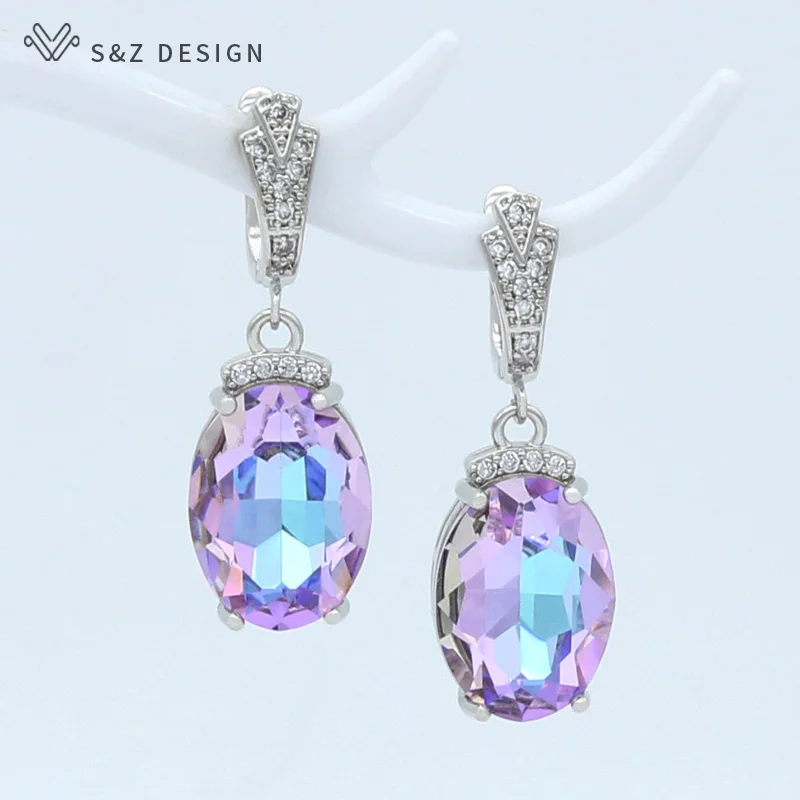 S&Z DESIGN New Fashion Oval Large Crystal Dangle Earrings For Women Wedding Luxury 585 Rose Gold Color Zirconia Jewelry