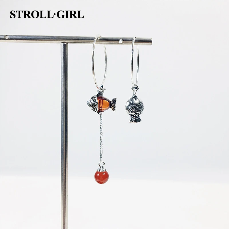 StrollGirl,, серьги в винтажном стиле, серебро 925, красный камень, рыба, асимметричные серьги-капли для женщин, модное ювелирное изделие