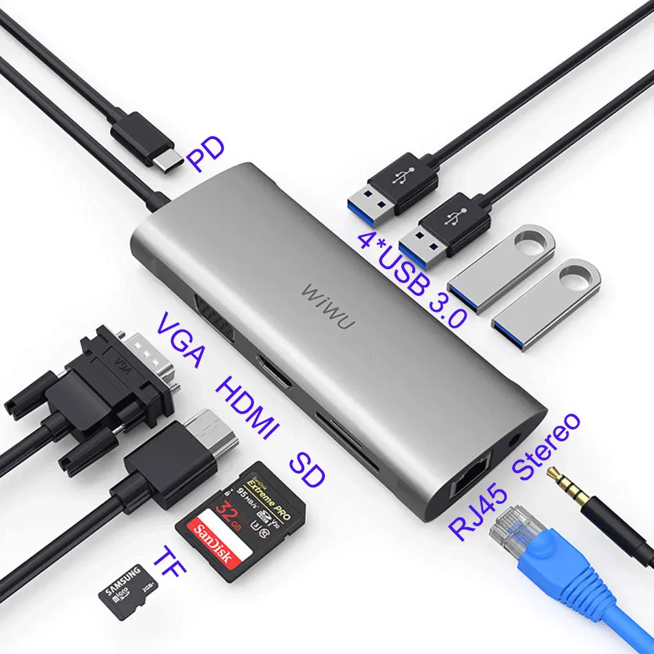 WIWU 11 в 1 мульти usb-хаб для MacBook Pro USB адаптер док-станция для зарядки type-c концентратор HDMI RJ45 VGA USB разветвитель 3,0 USB C концентратор