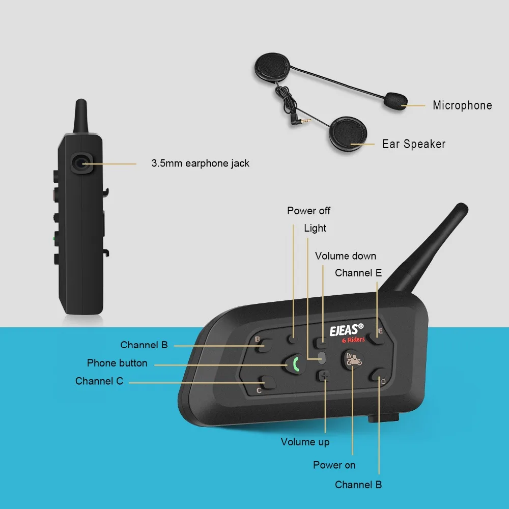 Ejeas V6 Pro Intercomunicador de Capacete de Motocicleta, Interfone Comunicador Bluetooth, Impermeável, Fone de Ouvido BT, 1.200 m, 6 Pilotos