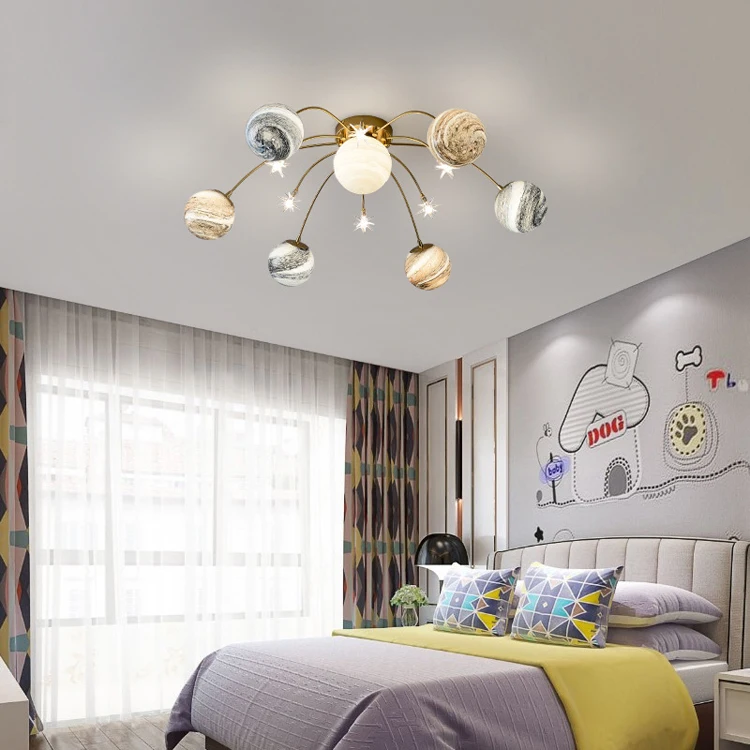 Lâmpada do Teto Luz de Luxo Luz do Quarto das Crianças Líquido Vermelho Planeta Quarto Nordic Personalidade Criativa Espaço Luz Estrela 4 Luzes e Iluminação