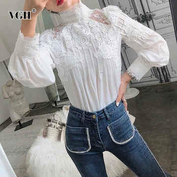 

VGH Casual Patchwork Lace Hollow Out Women's Shirts Stand Collar Puff Long Sleeve Ruched Slim Blouse Female Clothes 2020 Fashion