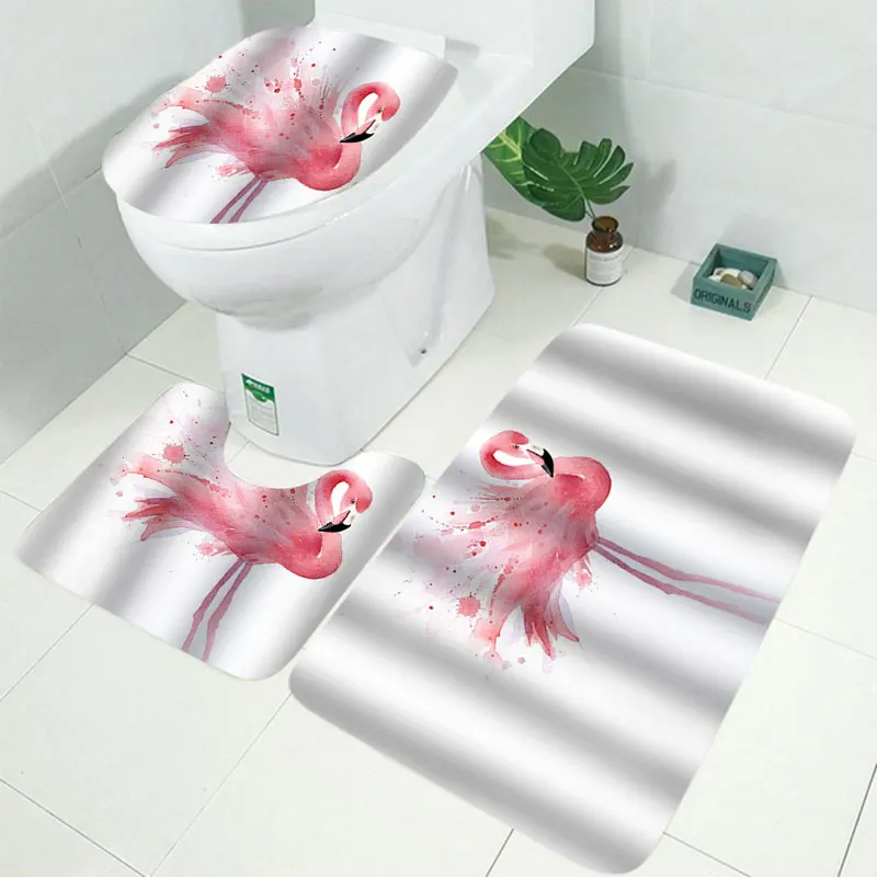 Nordic Pictures Polyester Flamingo Waterproof Bathroom Shower Curtain Toilet Cover Bath Mat Non-Slip Rug Set with 12 pcs Hooks