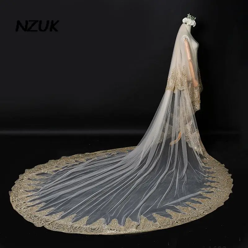 NZUK Gold Lace Edge Bridal Veil Luxury Two Layer Cathedral Wedding Veils  Long velos de novia Wedding Accessories