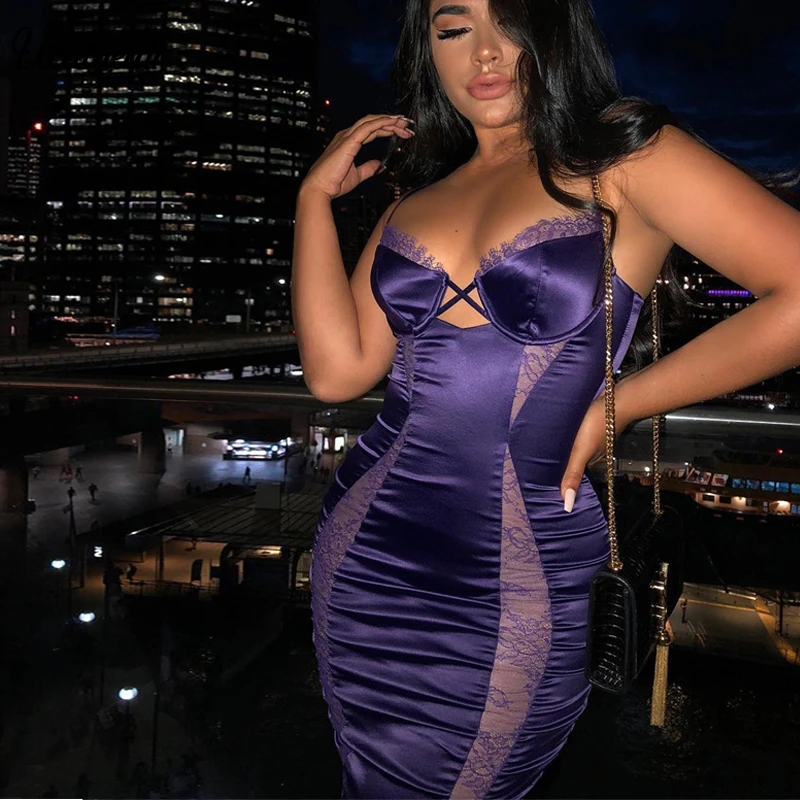 

Sexy Spaghetti Strap Bandage Split Butt Dress Women Satin Silk Bodycon Basic Slim Party Club Ladies Booty Vestidos