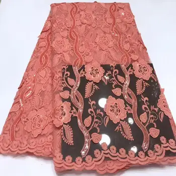 

New Peach 3 D Flowers African Lace Fabric Embroidered Nigerian Guipure for Wedding High Quality 2019 French Tulle Lace Fabric