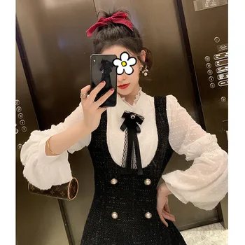 

College Style Bow GIRL'S Joint Mock Two-Piece Chiffon Dress Women's 2019 Winter Elegant Small Fragrant Skirt Fashion
