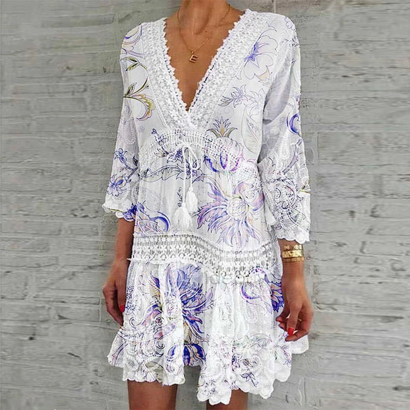 2021 Summer Women V Neck Floral Print Hollow Out Dress Ladies Three Quarter Sleeve Dress For Daily Wear Boho Style Ethnic Dress