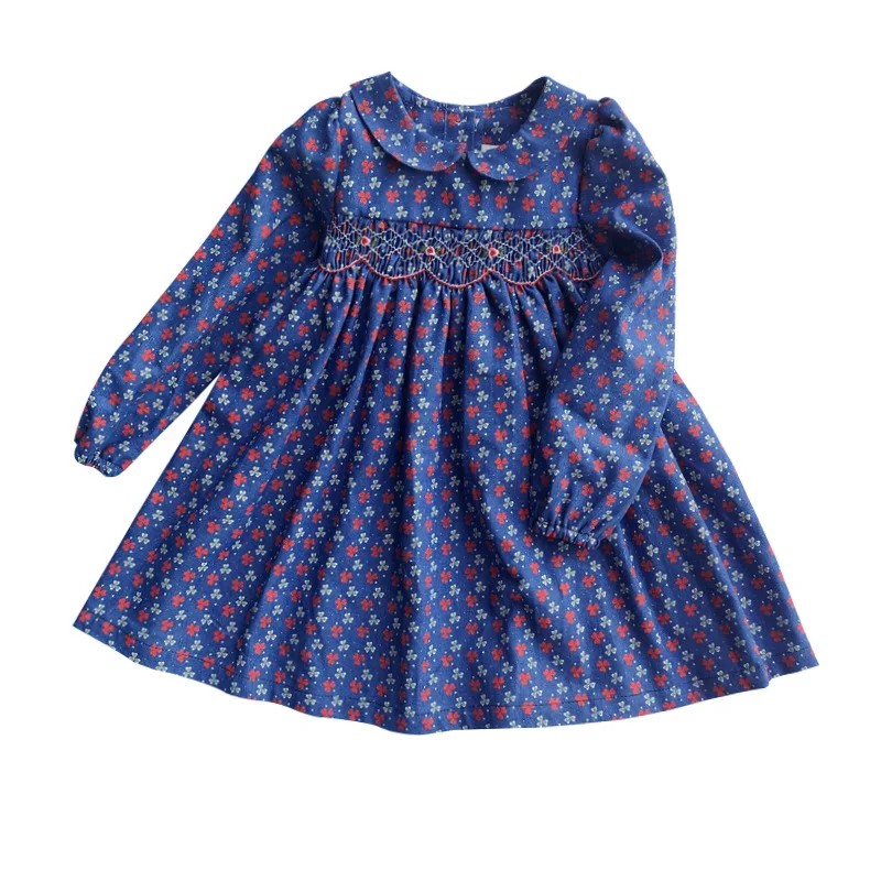 New Spring Autumn Kids Floral Printed Peter Pan Collar Handmade Smocking Belt Button Girls 3-7yrs Full-sleeved Cotton Dresses | Детская