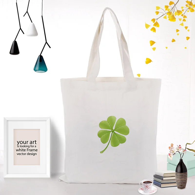 hand canvas handbag text DIY clover pattern handbagbag print customized printing logo daily use foldable shopping Reusable - Цвет: CLOVER052