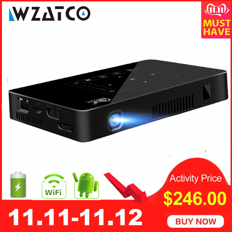 WZATCO P10 Android 2G 16G WI-FI Bluetooth с Батарея Поддержка 1080 P 4 K Мини проектор умный дом Театр Карманный СВЕТОДИОДНЫЙ Proyector UF