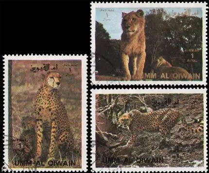 

3 pcs UMM AL QUWAIN Cat Post Stamps Postage Collection