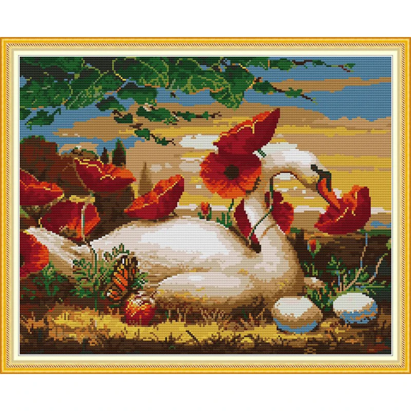 Everlasting Love Swans Among The Flowers Chinese Cross Stitch Kits Ecological Cotton Printed 11 DIY Christmas Wedding Decoration |