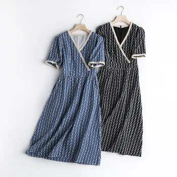 

Q3588-Korean-style WOMEN'S Wear Wholesale 2020 Summer New Style Long V-neck Machine Embroidery Short-sleeve Dress