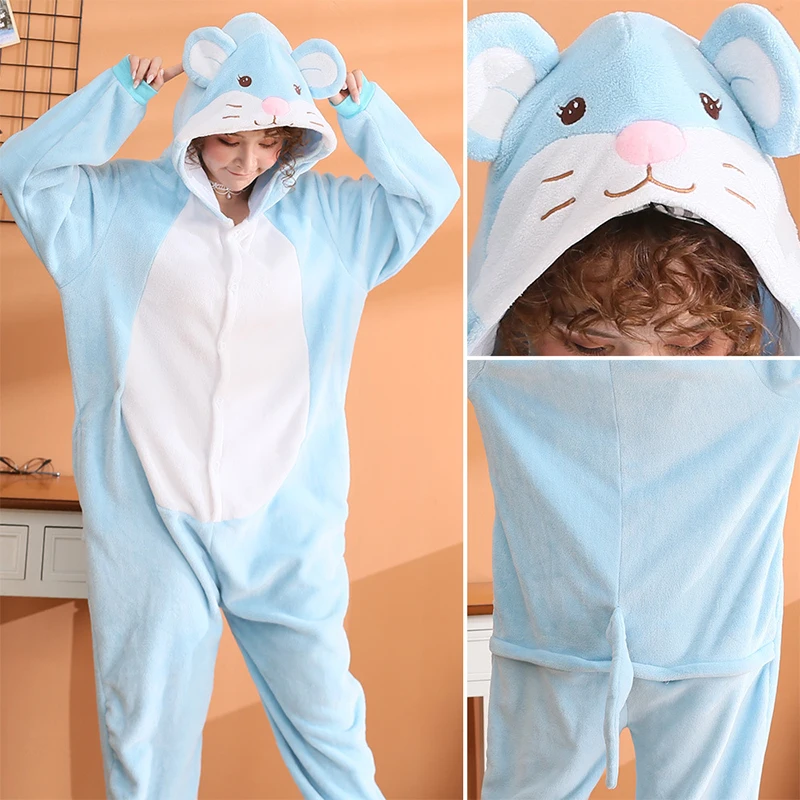 

New flannel blue mouse animal one-piece pajamas cartoon men onesie women autumn and winter wholesale couple clothes sleepwear