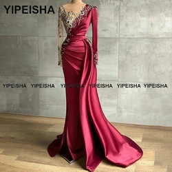 Yipeisha Sheer Neck Long Sleeves Evening Dresses Asymmetry Satin Red Prom Dress Custom Made Saudi Arabia Mermaid Party Gown