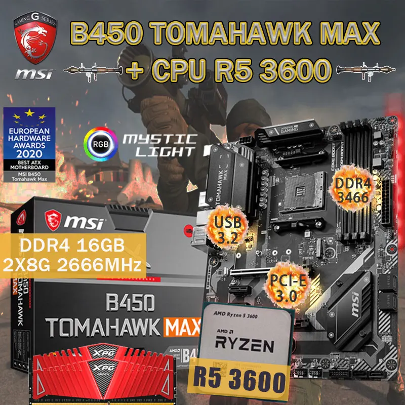 de Placa base AM4 MSI B450 TOMAHAWK MAX Kit AMD 5 3600 Combo + RAM DDR4 16Gb 2666MHz M.2 Kit de Placa base B450|Placas base| - AliExpress