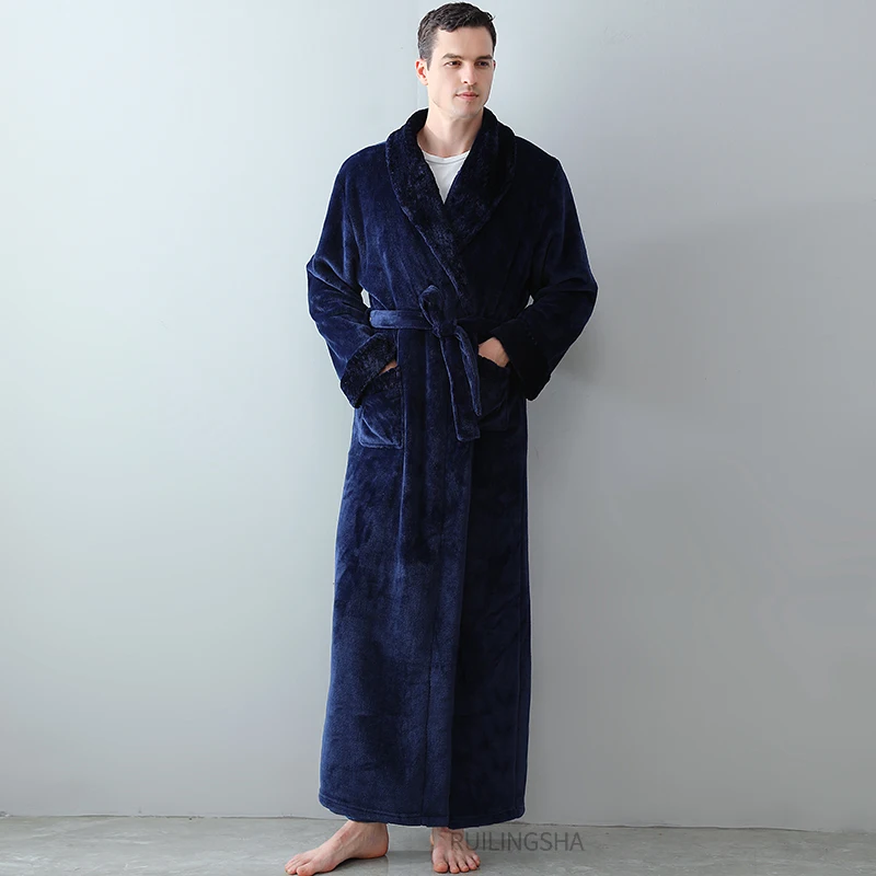 Men Winter Super Long Thick Warm Flannel Bathrobe Plus Size Hooded Ankle Length Coral Fleece Bath Robes Women Soft Dressing Gown jockey pajama pants Men's Sleep & Lounge