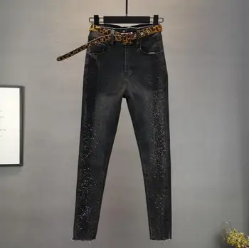 

High waist jeans women 2020 spring new European style Slim was thin elastic hot rhinestone feet pencil denim pants a1329