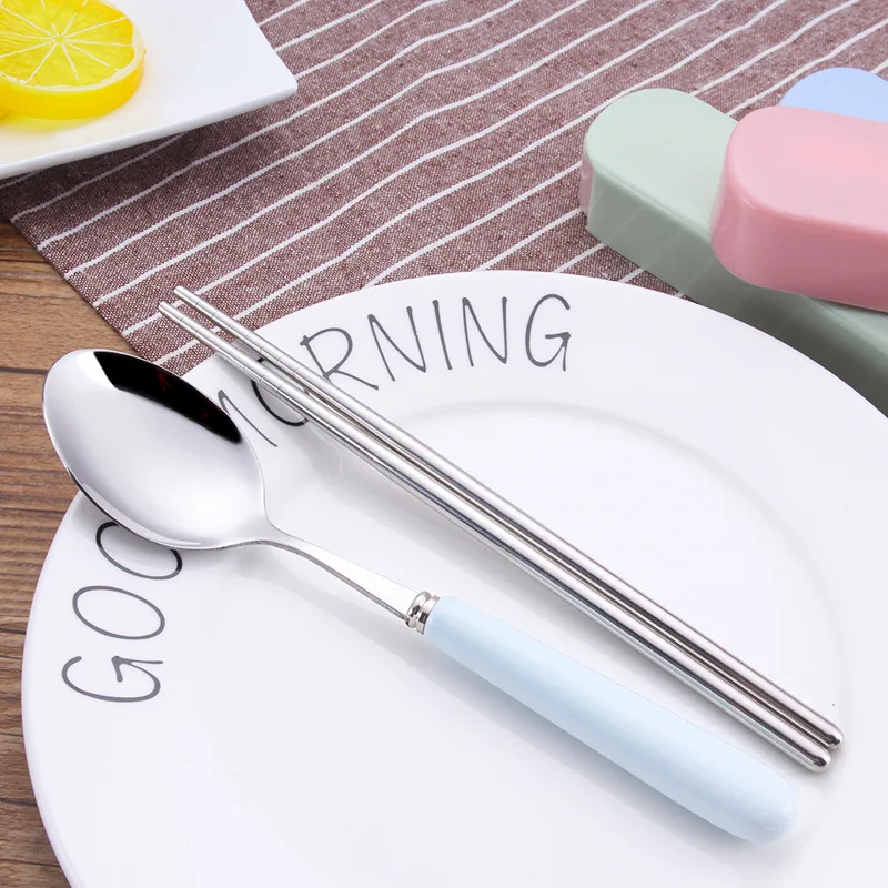 Colored Glaze Two-Piece Set Portable Stainless Steel Cutlery Students Travel Backup Chopsticks Spoon Tableware Box Set