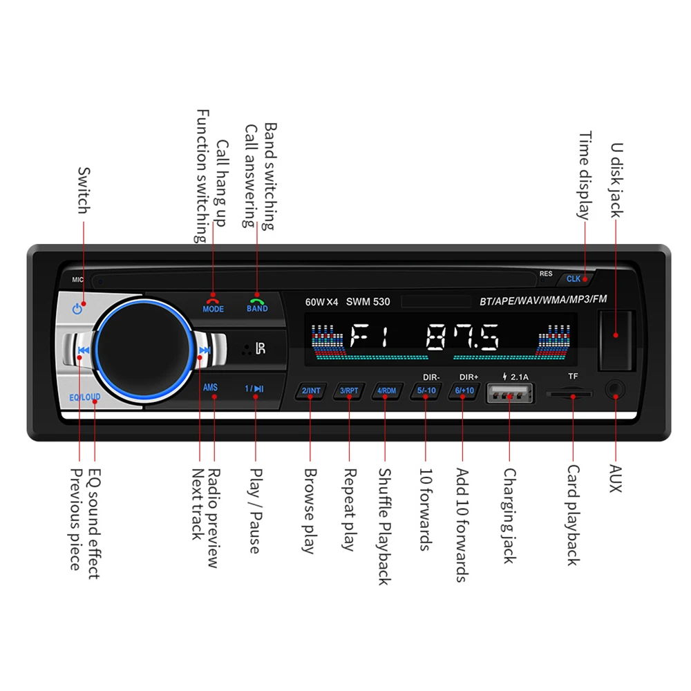 12 В Bluetooth Стерео Fm радио Mp3 аудио плеер Зарядное устройство Usb Sd Aux Авто Электроника 1 DIN Авторадио дистанционное управление