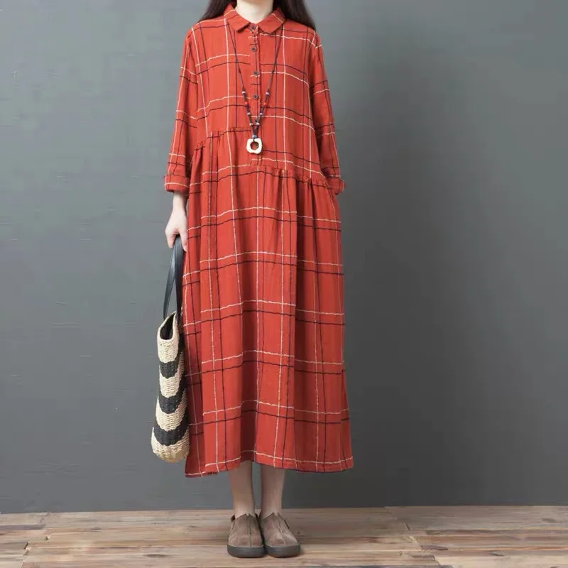 

2020 Spring New Style Retro Loose And Plus-sized WOMEN'S Dress Cotton Linen Pattern Long Sleeve Mid-length Big Hemline Dress Wom
