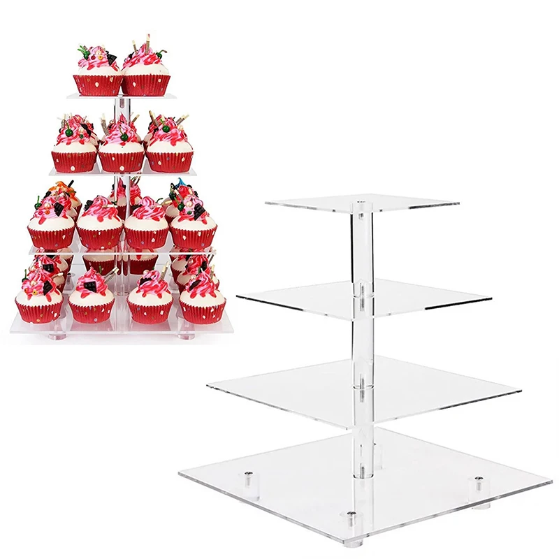 

New Cupcake Cake Stand Wedding Candy Display Holder Decoration Transparent 4 Tiers Square Acrylic Cake Rack Accessories