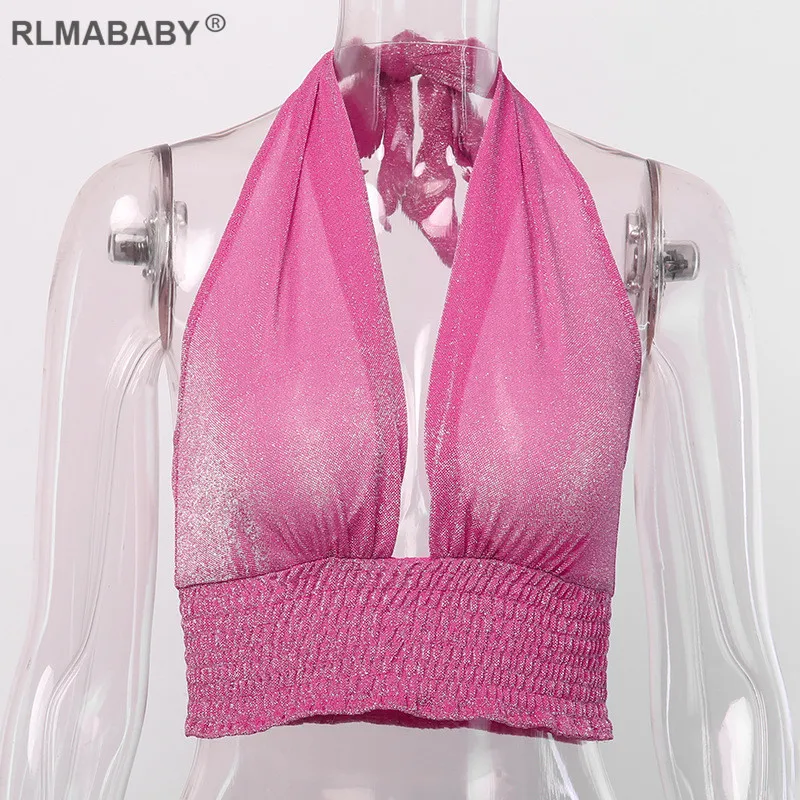 RLMABABY Блестящий короткий узкий топ с глубоким v-образным вырезом без рукавов с открытой спиной пикантные женские топы летние повседневные пляжные вечерние топ с повязками Топ