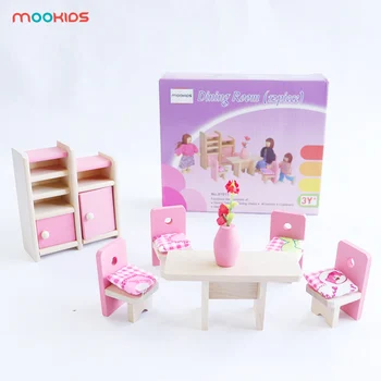 

Mookids Simulation play dining room set of wooden mini furniture peg dolls family set play a family interaction doll house