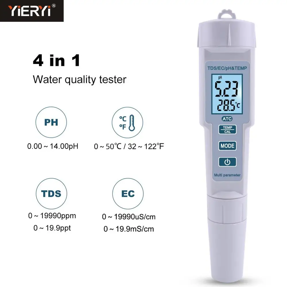 Yieryi 4 в 1 PH/TDS/EC/измеритель температуры рН-метр цифровой монитор качества воды тестер для бассейнов, питьевой воды, аквариумов