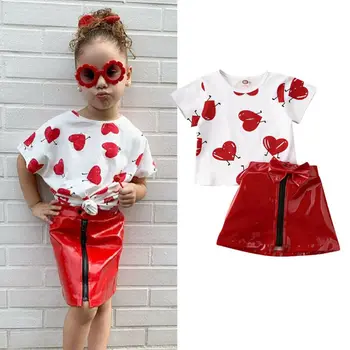 

2020 NEW Toddler Baby Kids Girl Clothes Set Valentines Day Outfit Heart Short Sleeve Top Red Skirt Summer Children Costumes