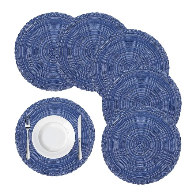 Round Braided Placemats for Dining Table Set of 6 - Woven Heat Resistant Non-Slip Kitchen Table Mats, 36 Diameter, Blue 1