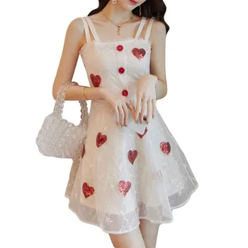 

Korean Style Sequins Dress 2020 Summer Women Sleeveless Heart Shape A Line Dress Female Beautiful Party Dresses Womens Clothing