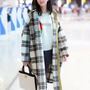 

Light Brown Vintage Plaid Blends Coat Women Girls Long Jacket Warm Winter Outerwear Pockets Loose Preppy Style New Brand Design