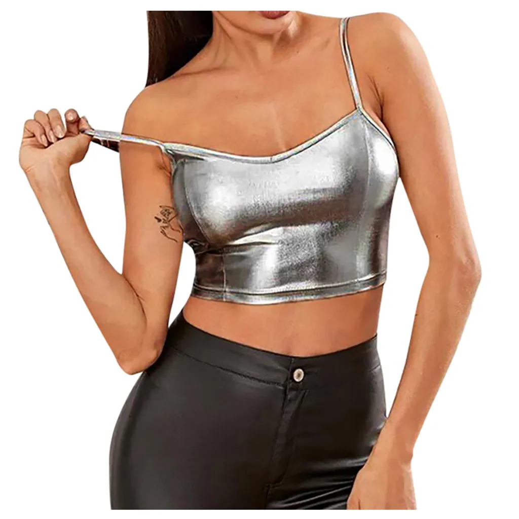 Crop Top Mujer Fashion Sexy Women Sleeveless Vest Patent Leather Solid Slim Short Tank Tops Топ Женский | Женская одежда