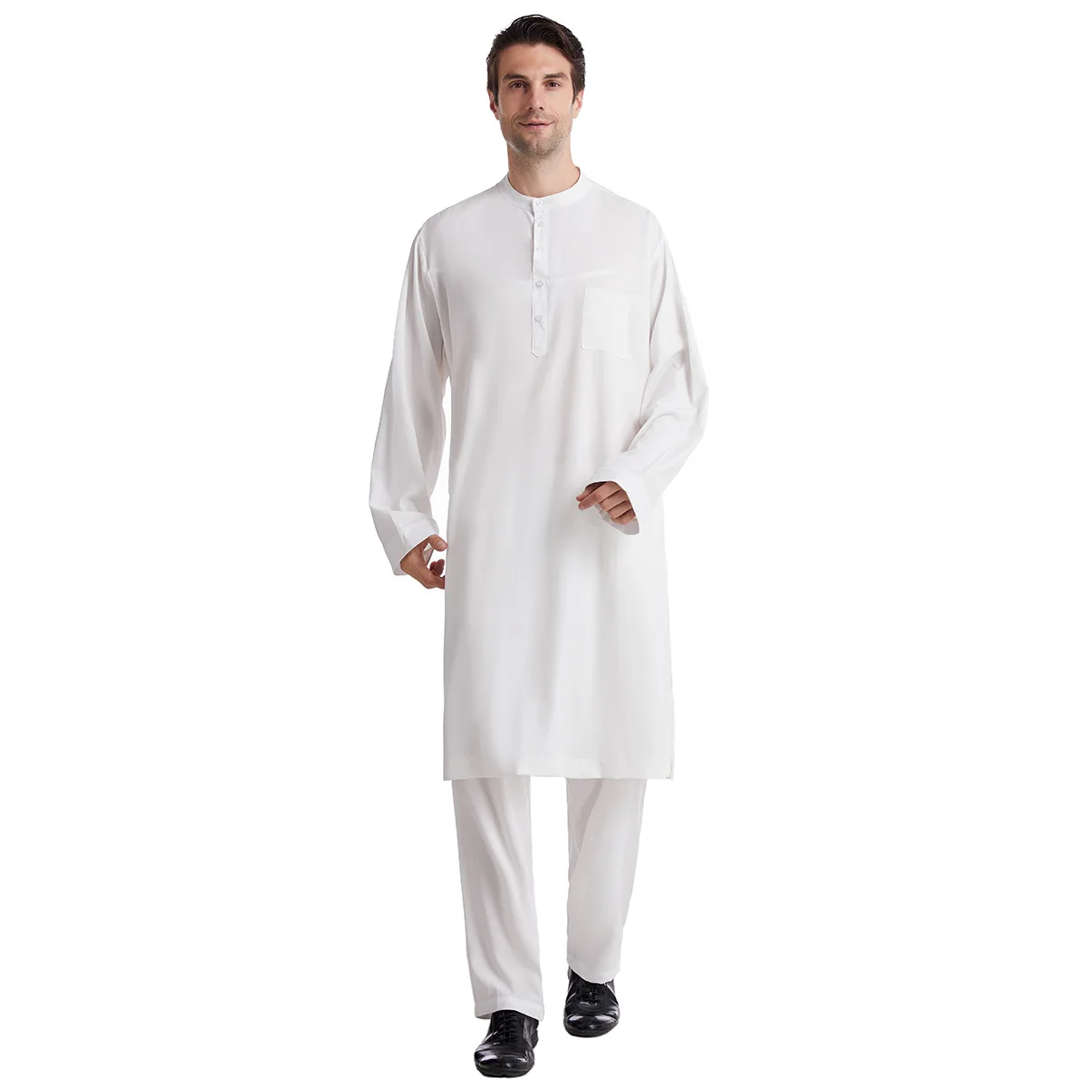 Muslim Arabic Men Jubba Thobe Button Robe pants2pcs Clothes Suit Abaya Saudi Arabia Eid Turkey Kurtas