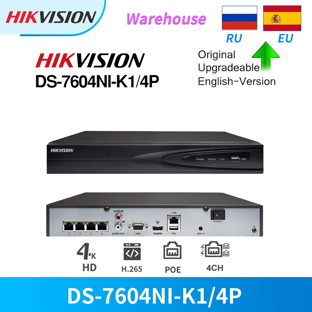 Hikvision NVR 4CH 4K 8MP PoE DS-7604NI-K1-4P for IP Camera CCTV Security System VCA Detection Upgrad