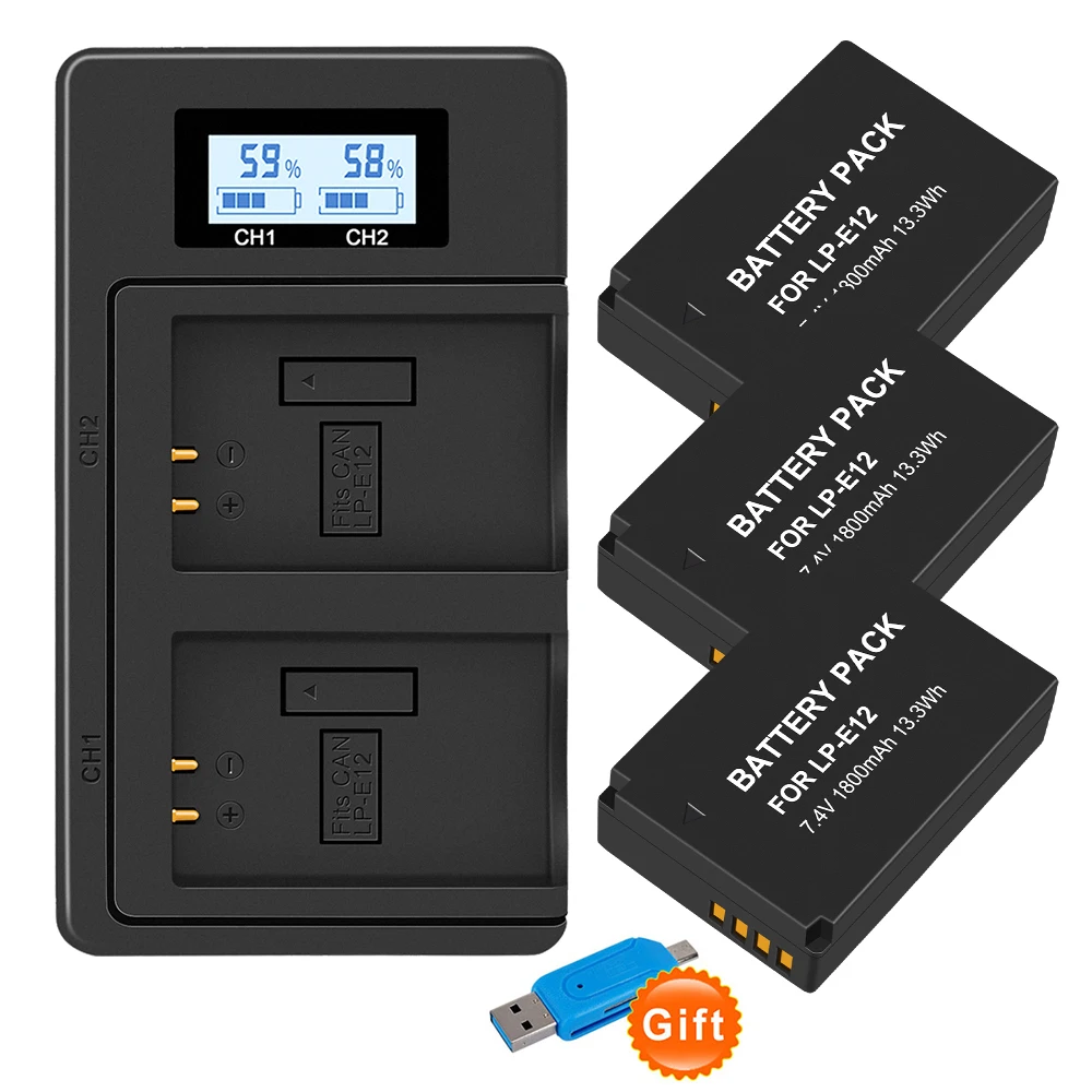 3 шт. 7 4 В LP E12 LPE12 аккумуляторные батареи для камеры + LCD USB двойное зарядное