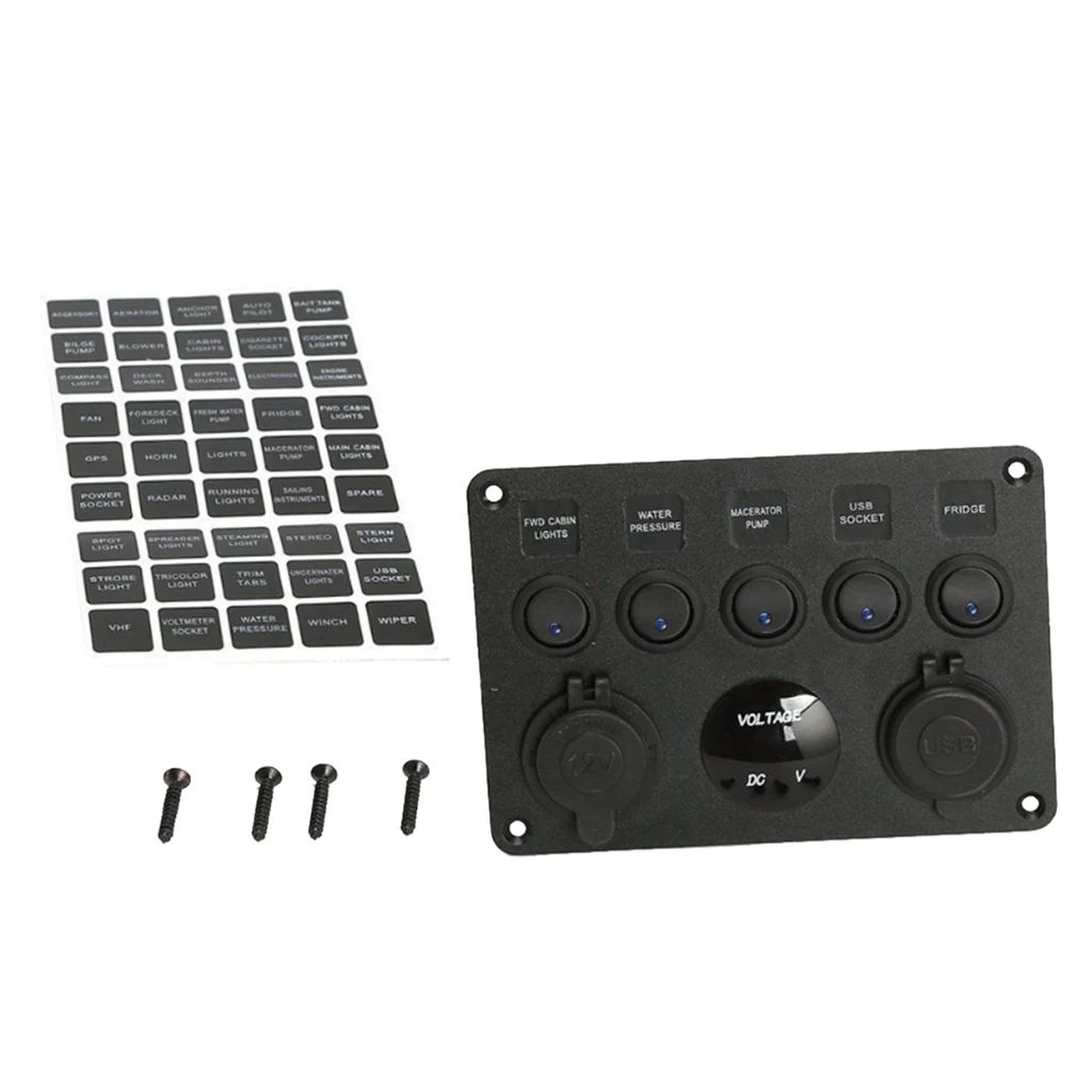 5 Gang LED Rocker Control Panel Switch Circuit Charger 12/24V-Yacht RV Car 
