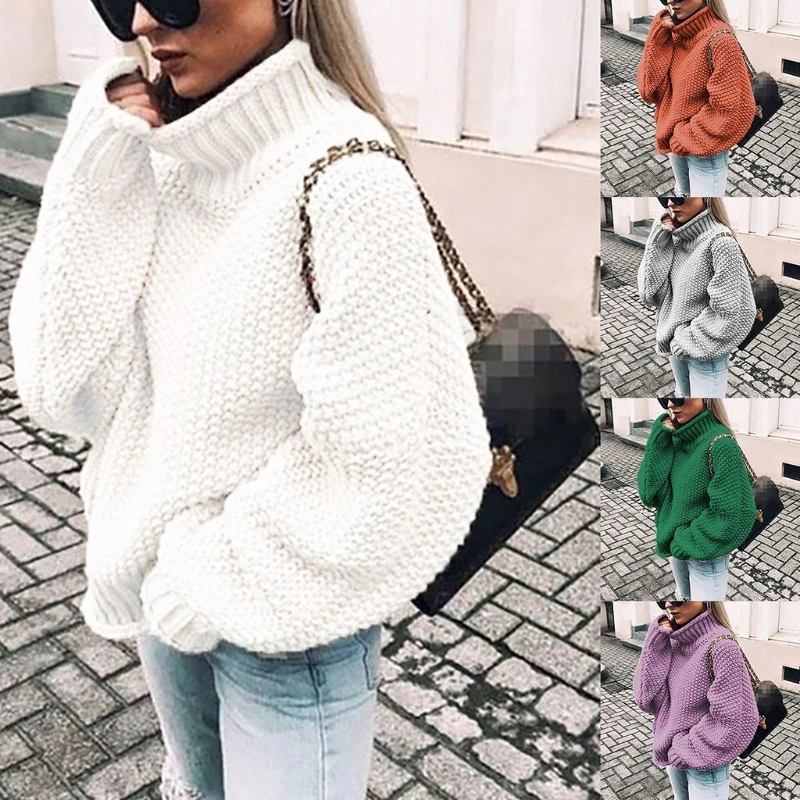 

Women Batwing Long Sleeve Sweater Turtleneck Solid Color Chunky Knit Jumper Tops