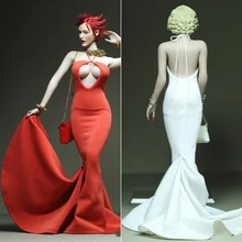 

1/6 Scale Halter Lily Flower Tail Dress Sexy Evening Party Hollow Breast Backless Dress Set Bracelet Bag for 12" Figure Body